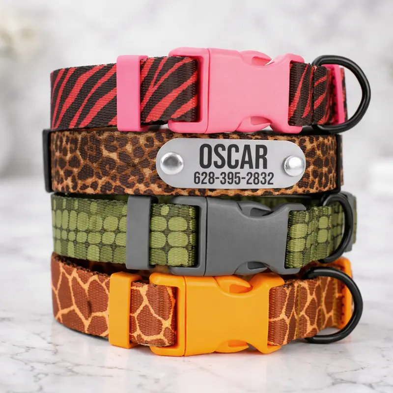 Animal Print Dog Collar with Personalized ID Name Plate