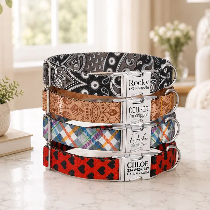 Custom Pattern Dog Collar with Engraved Metal Buckle – Artistic Prints