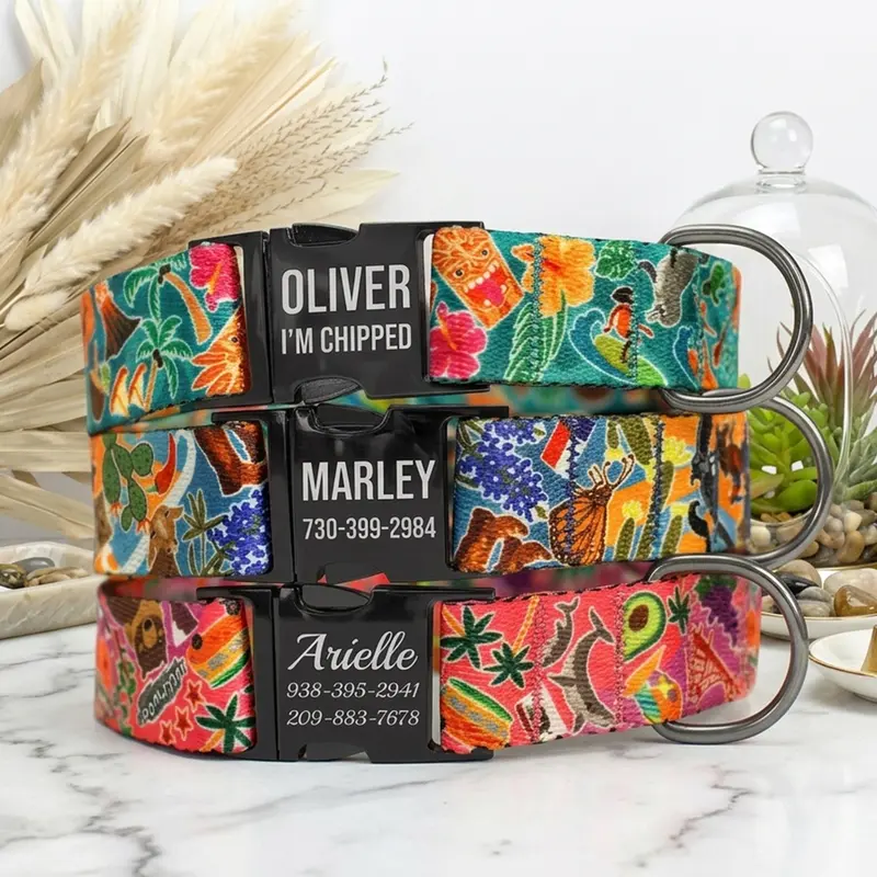 Engraved Pattern Dog Collars – Black Hardware & Metal Safety Buckle