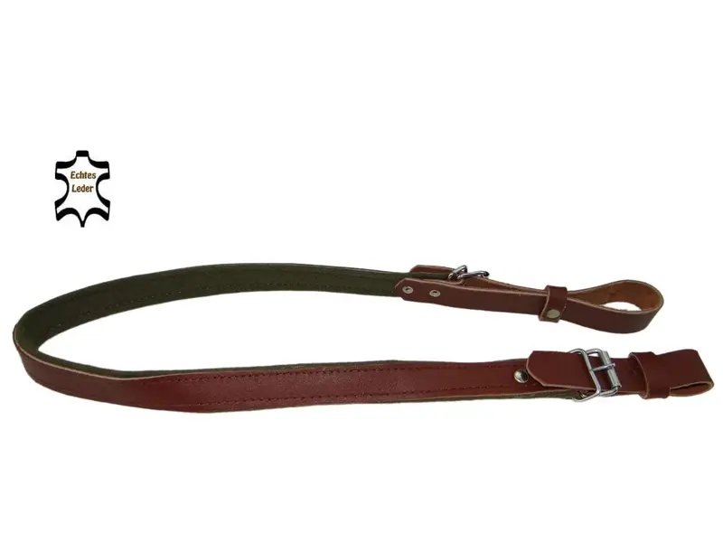 Gewehrriemen aus Leder und olivfarbenem Leinenstoff Leder, 111 cm lang