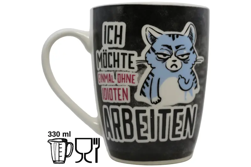 Jumbo Tasse XL 330 ml schwarz mit blauer Katze "ICH MÖCHTE EINMAL OHNE IDIOTEN ARBEITEN!"