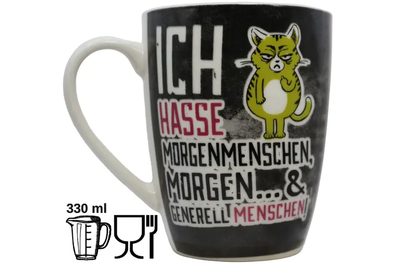 Jumbo Tasse XL 330 ml schwarz mit grüner Katze "Ich hasse Morgenmenschen..."