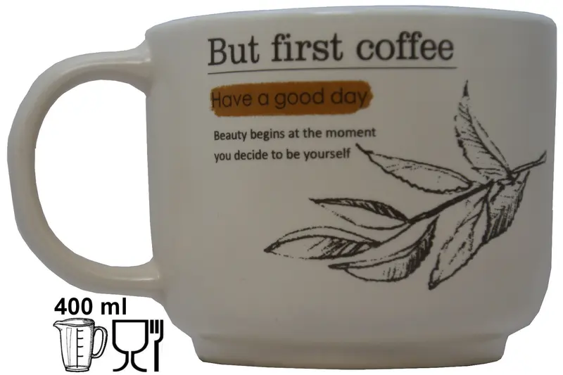 Jumbo Tasse XL 400 ml cremefarbig "But First Coffee" Blattdekor
