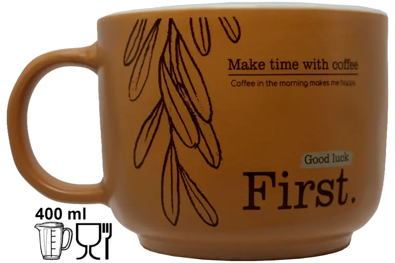 Jumbo Tasse XL 400 ml "Make Time with Coffee" Keramik Caramel Blattdekor