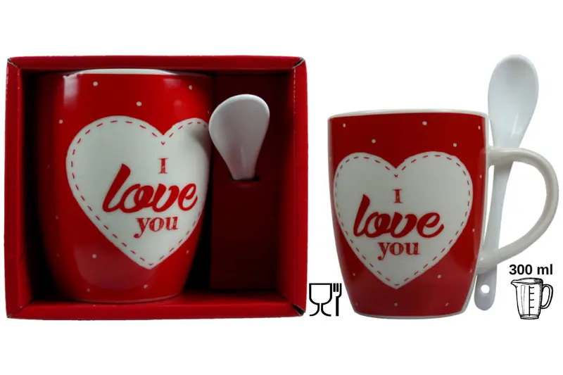 Jumbo-Tasse XXL 300 ml „I love You" Porzellan rot Herz mit Löffel Geschenkbox