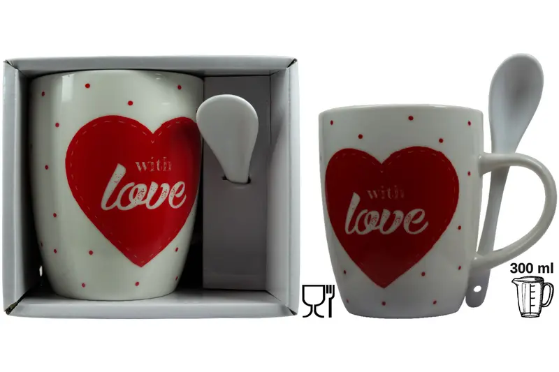 Jumbo-Tasse XXL 300 ml „with love" Porzellan weiß Herz mit Löffel Geschenkbox
