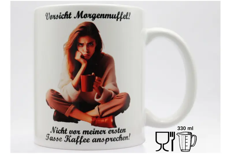 Jumbo Tasse XXL 330 ml mit mürrische Frau im Yogasitz und Schriftzug "Vorsicht! Morgenmuffel! ... " Version 2