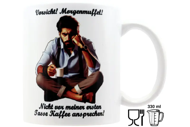 Jumbo Tasse XXL 330 ml mit mürrischen Mann im Yogasitz und Schriftzug "Vorsicht! Morgenmuffel! "