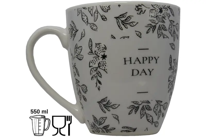 Jumbo-Tasse XXL 550 ml „HAPPY DAY" Keramik hellgrau florales Blattdekor