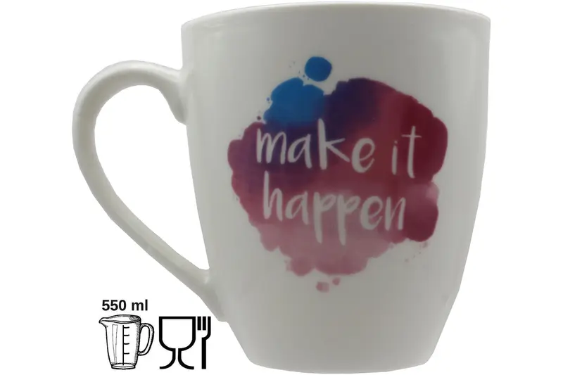 Jumbo-Tasse XXL 550 ml „make it happen" Porzellan Aquarell Kalligraphie Geschenk