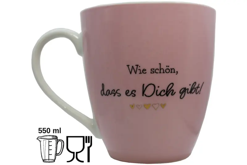 Jumbo-Tasse XXL 550 ml „Wie schön, dass es Dich gibt!" Porzellan rosa Herzmotiv Geschenk