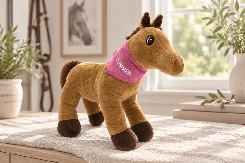 Kuscheltier Pferd mit Namen auf dem Schal