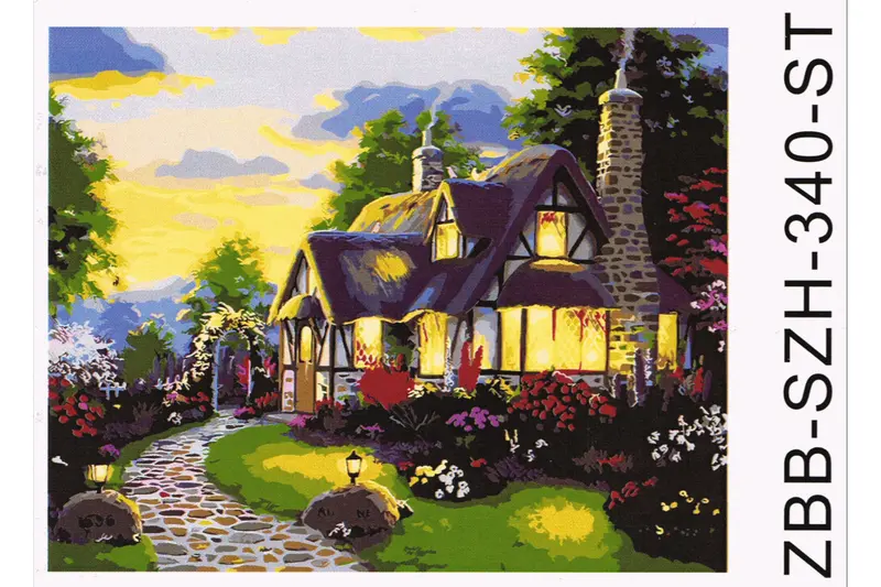 Landhaus im Sonnenuntergang Malen nach Zahlen 24 Farben 3 Pinsel 40 x 50 cm