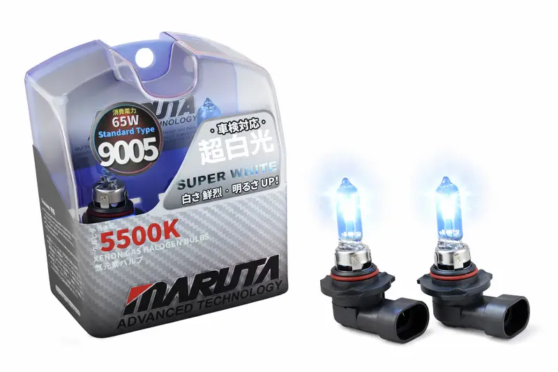 MARUTA SUPER WHITE 9005 / HB3 65W Halogenlampe für Scheinwerfer, Abblendlicht, 5500K Xenon-Effekt, langlebige hochwertige Xenon-Gas Quarzglas Birne, ECE Prüfzeichen - designed in Japan!