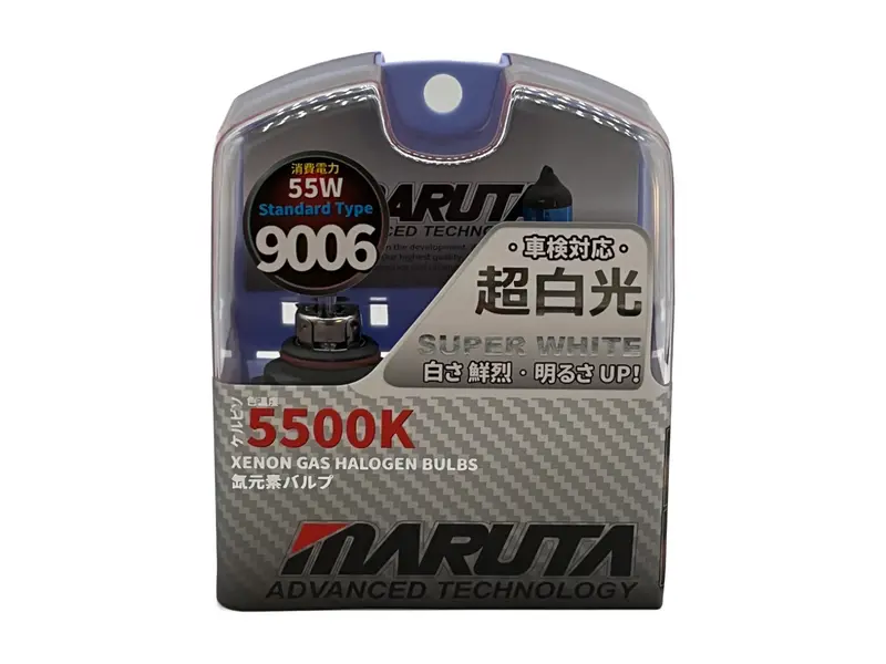 MARUTA SUPER WHITE 9006 / HB4 55W Halogenlampe für Abblendlicht, Fernlicht, 5500K Xenon-Effekt, langlebige hochwertige Xenon-Gas Quarzglas Birne, ECE Prüfzeichen