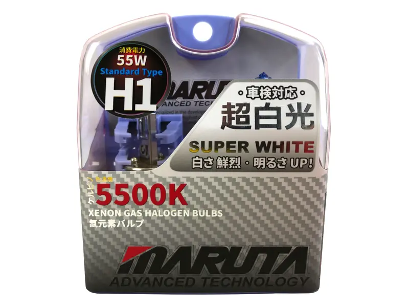 MARUTA SUPER WHITE H1 55W Halogenlampe für Scheinwerfer, Fernlicht, 5500K Xenon-Effekt, langlebiges Quarzglas, ECE-Prüfzeichen