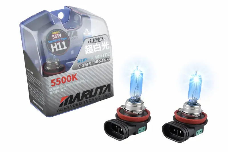 MARUTA SUPER WHITE H11 12V 55W 5500K Xenon-Effekt Halogenlampe - designed in Japan - Scheinwerfer, Nebellicht & Tagfahrlicht, langlebige hochwertige Xenon-Gas Quarzglas Birne, ECE Prüfzeichen