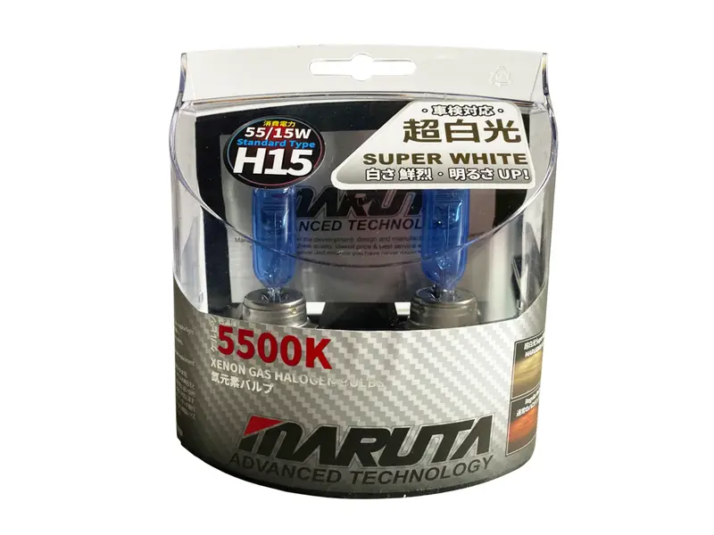 MARUTA SUPER WHITE H15 55/15W Halogenlampe für Fernlicht & Tagfahrlicht, 5500K Xenon-Effekt, langlebige Xenon-Gas Quarzglas Birne, ECE geprüft