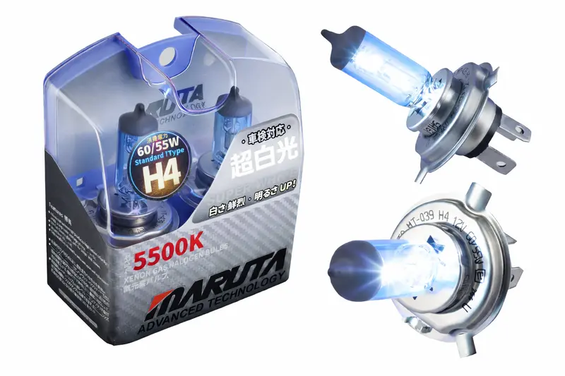 MARUTA SUPER WHITE H4 60/55W Halogenlampe für Abblendlicht, Fernlicht, 5500K Xenon-Effekt, langlebige hochwertige Xenon-Gas Quarzglas Birne, ECE Prüfzeichen - designed in Japan!