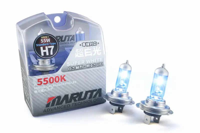MARUTA SUPER WHITE H7 55W Halogenlampe für Scheinwerfer, Abblendlicht, 5500 K Xenon-Effekt, langlebiges Quarzglas, ECE E4