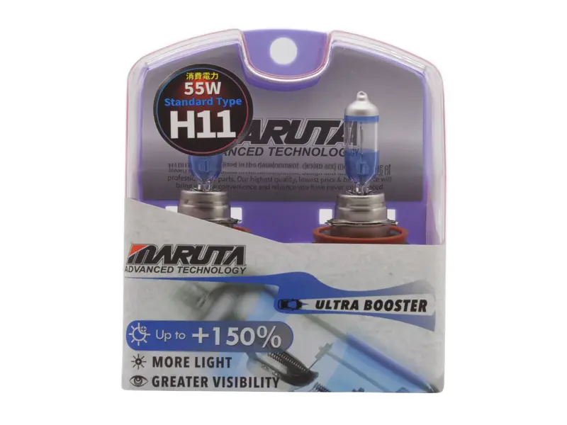 MARUTA ULTRA BOOSTER H11 55W +150% Helligkeit, Halogenlampe für Scheinwerfer, Nebellicht, Tagfahrlicht, 3800K langlebige Xenon-Gas Birne mit hochwertigem Quarzglas & Straßenzulassung (ECE Prüfzeichen)