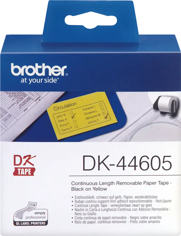 Original Brother DK-44605 Endlosetiketten wiederablösbar 62mm x 30,48m Schwarz auf Gelb