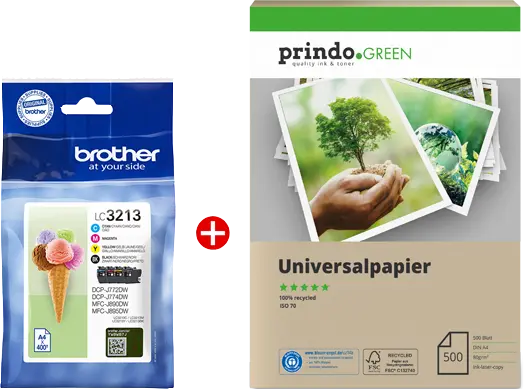 Original Brother LC3213 MCVP Schwarz / Cyan / Magenta / Gelb Value Pack + Prindo Green Recyclingpapier 500 Blatt