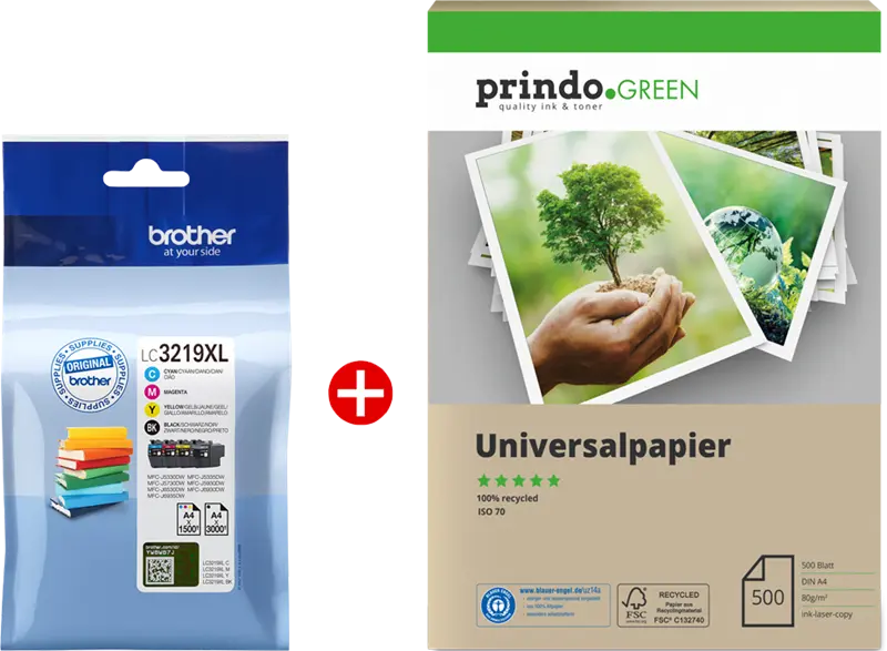 Original Brother LC3219XL MCVP 01 Schwarz / Cyan / Magenta / Gelb Value Pack + Prindo Green Recyclingpapier 500 Blatt