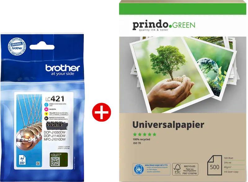 Original Brother LC421 MCVP Schwarz / Cyan / Magenta / Gelb Value Pack + Prindo Green Recyclingpapier 500 Blatt