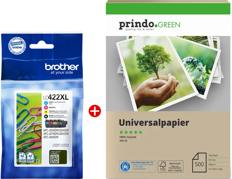 Original Brother LC422XL MCVP Schwarz / Cyan / Magenta / Gelb Value Pack + Prindo Green Recyclingpapier 500 Blatt