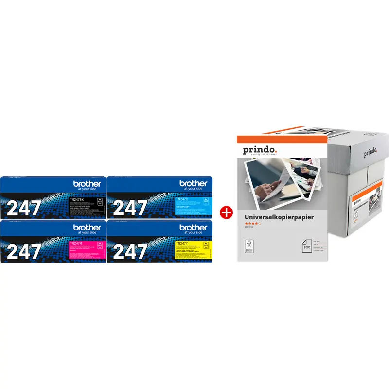 Original Brother TN-247 MCVP 01 Schwarz / Cyan / Magenta / Gelb Value Pack + Prindo Universal Papier 2500 Blatt