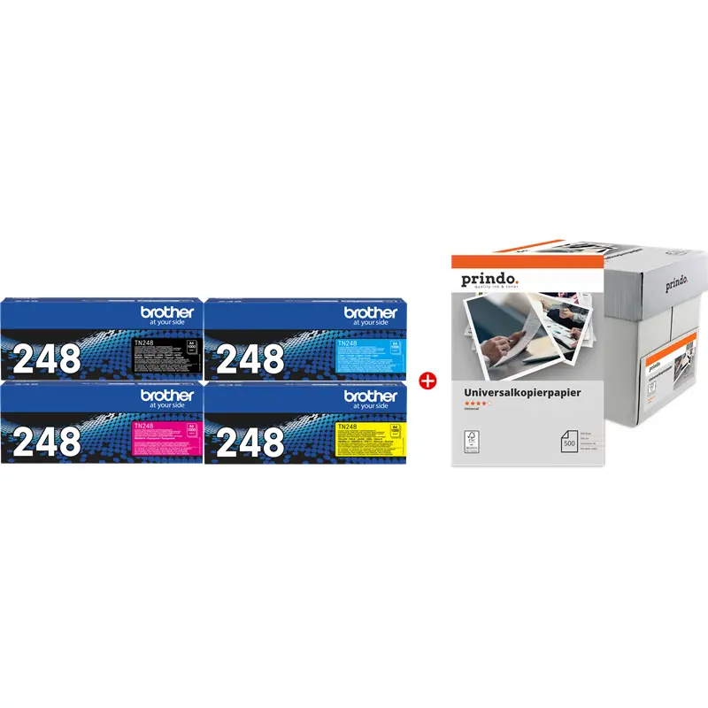 Original Brother TN-248 MCVP Schwarz / Cyan / Magenta / Gelb / Weiss Value Pack + Prindo Universal Papier 2500 Blatt