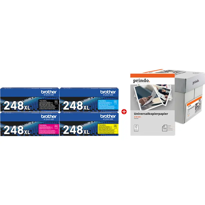 Original Brother TN-248XL MCVP Schwarz / Cyan / Magenta / Gelb / Weiss Value Pack + Prindo Universal Papier 2500 Blatt