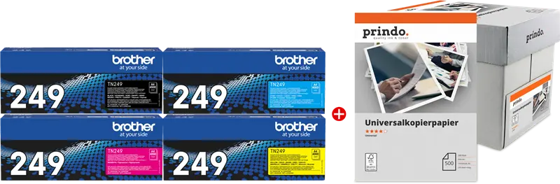 Original Brother TN-249 MCVP Schwarz / Cyan / Magenta / Gelb / Weiss Value Pack + Prindo Universal Papier 2500 Blatt