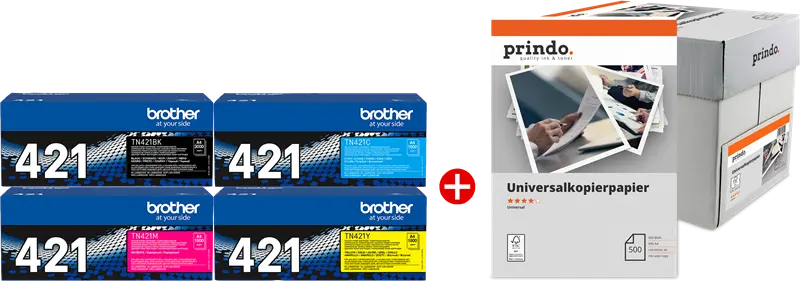 Original Brother TN-421 MCVP Schwarz / Cyan / Magenta / Gelb / Weiss Value Pack + Prindo Universal Papier 2500 Blatt