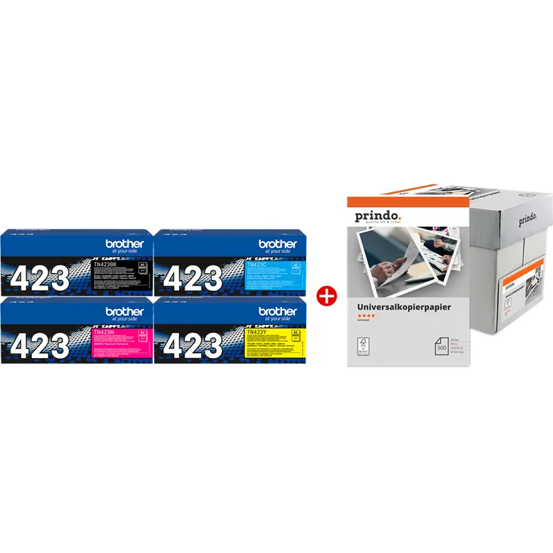 Original Brother TN-423 MCVP Schwarz / Cyan / Magenta / Gelb Value Pack + Prindo Universal Papier 2500 Blatt