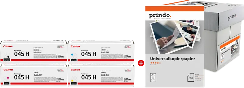 Original Canon 045H MVCP Schwarz / Cyan / Magenta / Gelb Value Pack + Prindo Universal Papier 2500 Blatt