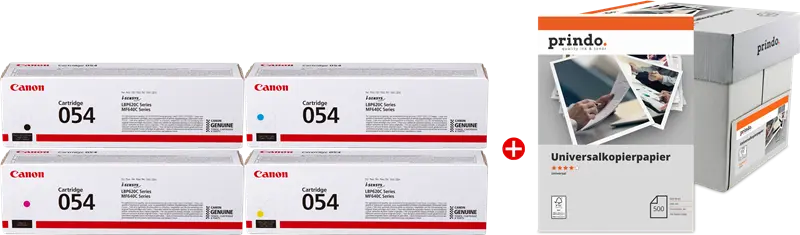 Original Canon 054 MCVP Schwarz / Cyan / Magenta / Gelb Value Pack + Prindo Universal Papier 2500 Blatt
