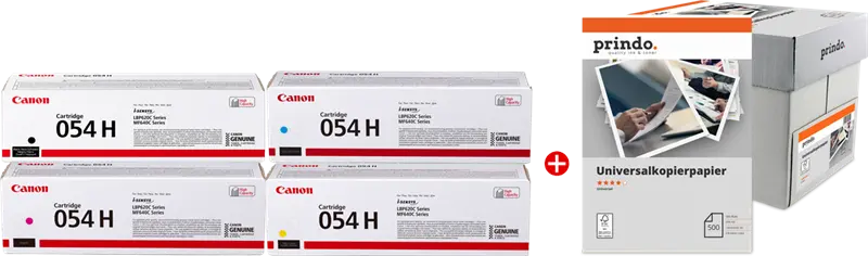 Original Canon 054H MCVP Schwarz / Cyan / Magenta / Gelb Value Pack + Prindo Universal Papier 2500 Blatt