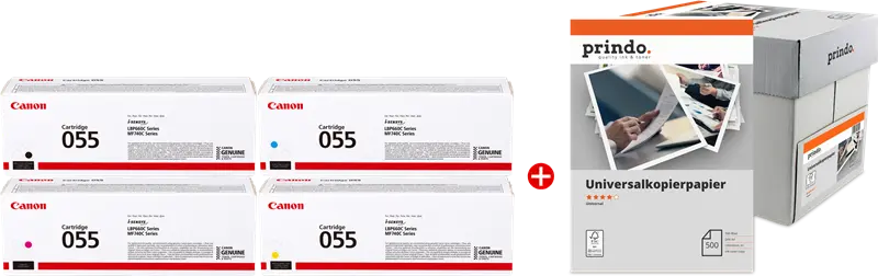 Original Canon 055 MCVP Schwarz / Cyan / Magenta / Gelb Value Pack + Prindo Universal Papier 2500 Blatt