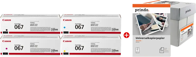 Original Canon 067 MCVP Schwarz / Cyan / Magenta / Gelb / Weiss Value Pack + Prindo Universal Papier 2500 Blatt