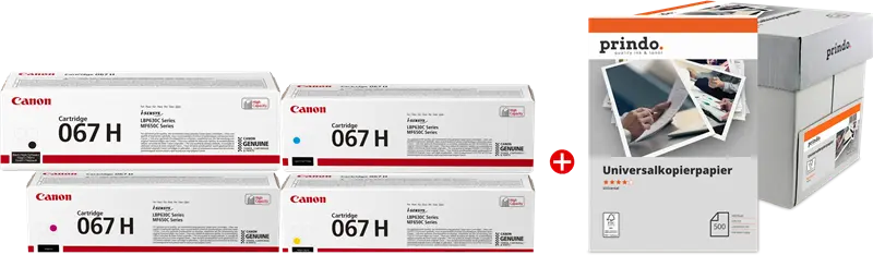 Original Canon 067h MCVP Schwarz / Cyan / Magenta / Gelb Value Pack + Prindo Universal Papier 2500 Blatt