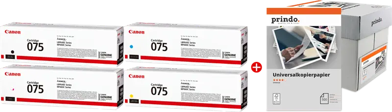 Original Canon 075 MCVP Schwarz / Cyan / Magenta / Gelb / Weiss Value Pack + Prindo Universal Papier 2500 Blatt