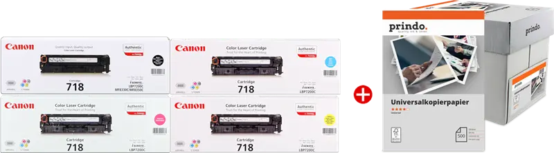 Original Canon 718 MCVP 01 Schwarz / Cyan / Magenta / Gelb Value Pack + Prindo Universal Papier 2500 Blatt