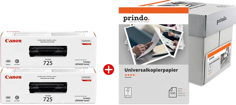Original Canon 725 MCVP Schwarz / Weiss Value Pack + Prindo Universal Papier 2500 Blatt