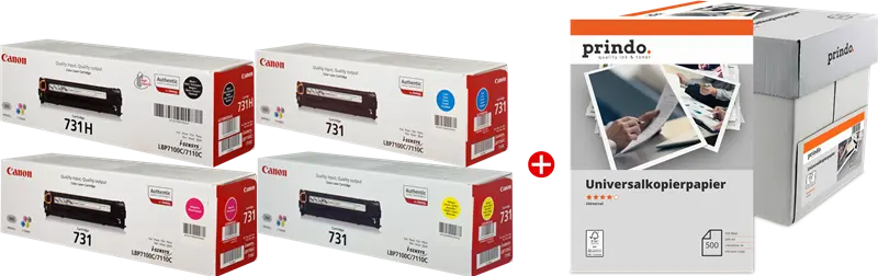 Original Canon 731 MCVP Schwarz / Cyan / Magenta / Gelb Value Pack + Prindo Universal Papier 2500 Blatt