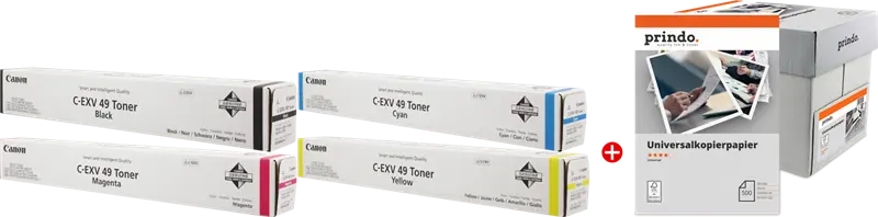 Original Canon C-EXV49 MCVP Schwarz / Cyan / Magenta / Gelb Value Pack + Prindo Universal Papier 2500 Blatt