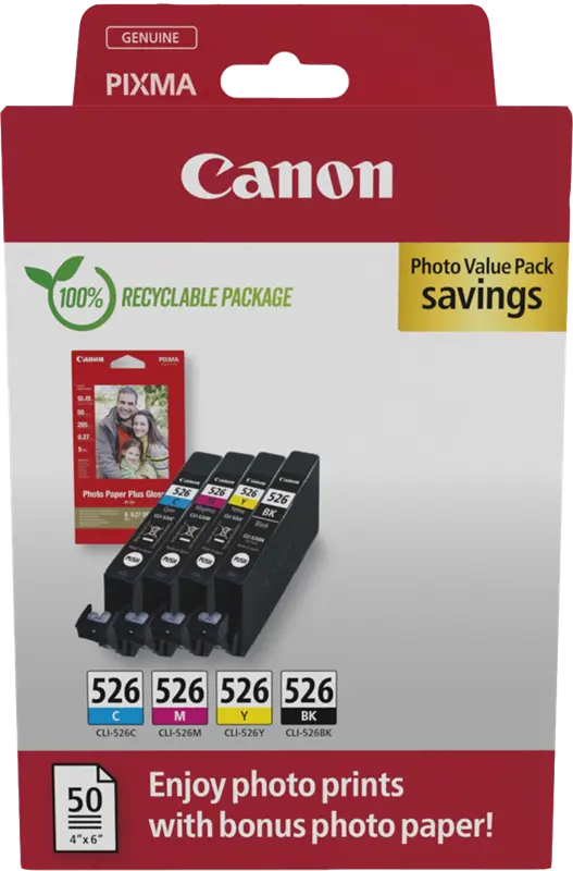 Original Canon CLI-526 Schwarz / Cyan / Magenta / Gelb Value Pack + 10x15 cm Fotopapier 50 Blatt