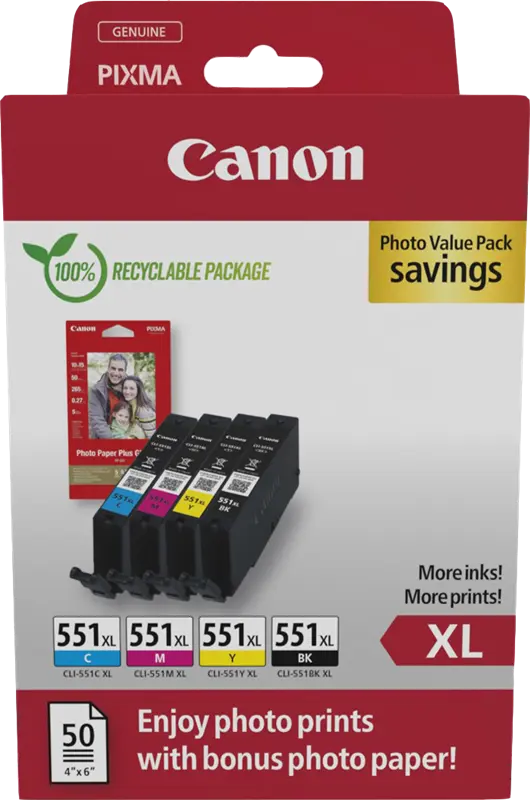 Original Canon CLI-551 XL Schwarz / Cyan / Magenta / Gelb Value Pack + 10x15 cm Fotopapier 50 Blatt