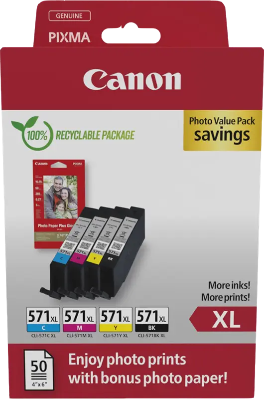Original Canon CLI-571 XL Schwarz / Cyan / Magenta / Gelb Value Pack + 10x15 cm Fotopapier 50 Blatt